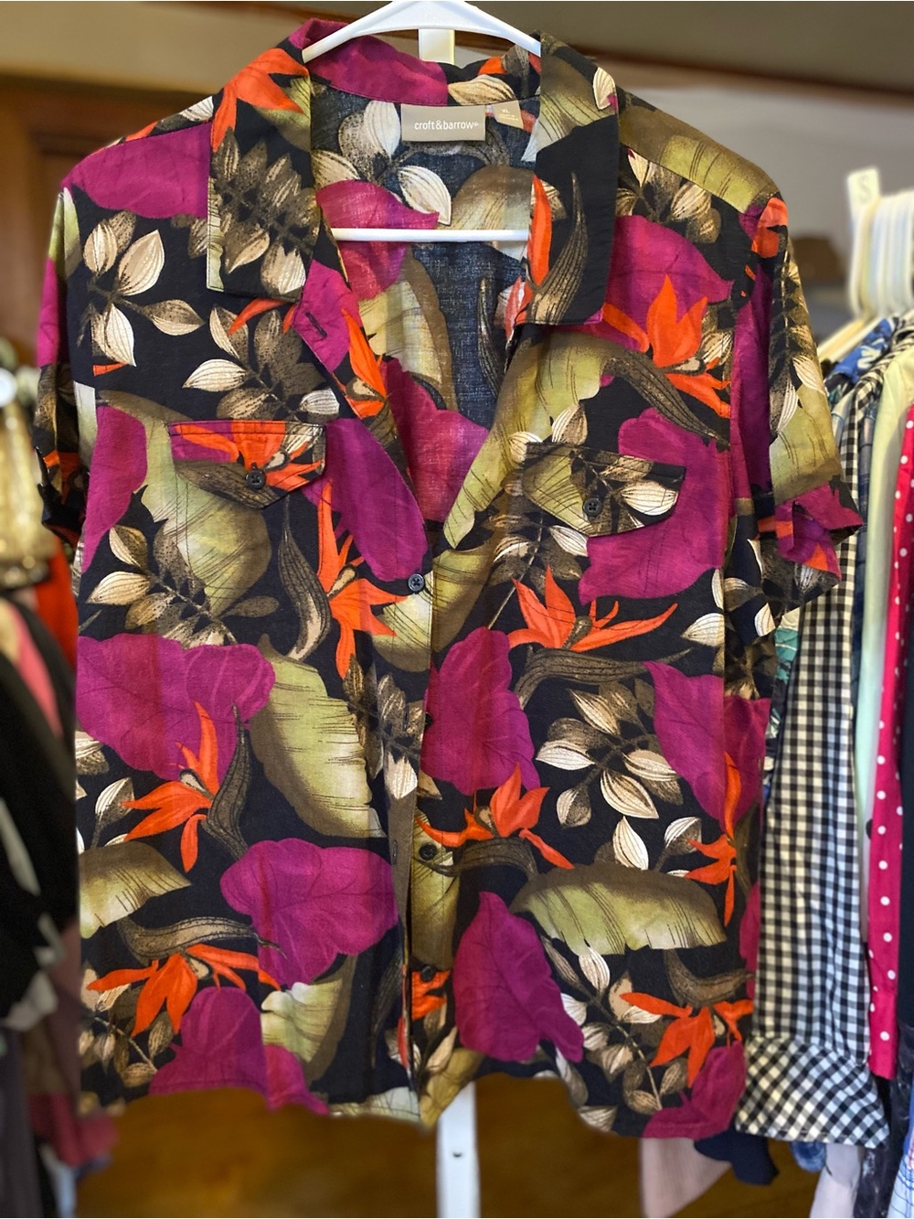 croft & barrow Black Floral Button-Front Blouse with Purple and Orange Accents